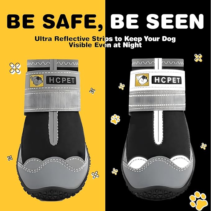 Hcpet Dog Shoes for Large Dogs, Waterproof Dog Booties for Small Medium Dogs, Anti-Slip Dog Boots &amp; Paw Protectors for Hot Pavement Winter Snow Hiking with Reflective Straps Black Size 4
