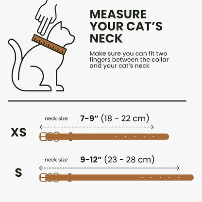 BRONZEDOG Leather Cat Collar with Removable Bells Non Breakaway Kitten QR Tag for Girl Boy (9" - 12" Cats/Mini Dogs, Light Brown &amp; Silver)