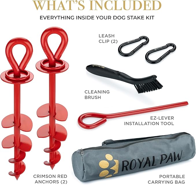 ROYAL-PAW Dog Tie Out Stake - for Large Dogs up to 210 lbs - Heavy Duty Dog Stake for Yard, Beach &amp; Camping Outside - Best in Ground Anchor for a Dog Cable, Leash, Lead Tether (R2-Crimson Red)