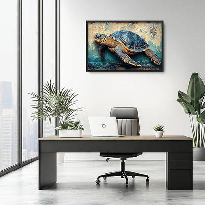 Large Nautical Turtle Wall Art for Living Room, Coastal Ocean Canvas Oversized Wall Decor, Beach Aesthetics Framed Pictures Painting Print Artwork for Bedroom Office 36L" x 24W"