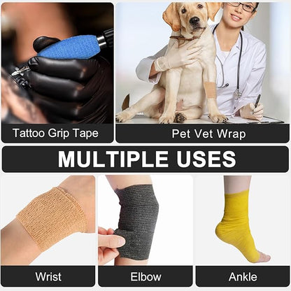 24 Pack Self Adhesive Bandage Wrap, 2” x 5 Yards Elastic Cohesive Bandage Wrap Black Athletic Tape Grip Tape for Ankle, Wrist Sprains, Sports Injuries &amp; Pet First Aid | Medical Sports Tape