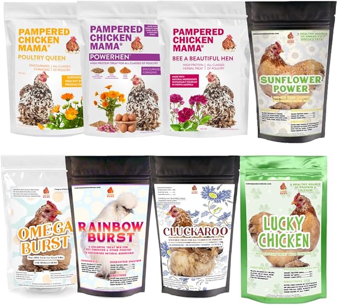 Pampered Chicken Mama Chicken Treat for Hens 8 Pounds Sampler Bundle: 8 Different Treats in One Box! - Grubs, Dried Mealworms, Cracked Corn, Oyster Shell, &amp; Duck Feed