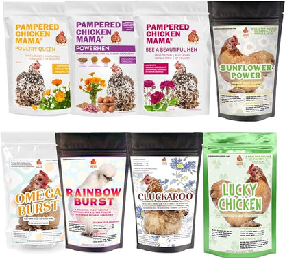 Pampered Chicken Mama Chicken Treat for Hens 8 Pounds Sampler Bundle: 8 Different Treats in One Box! - Grubs, Dried Mealworms, Cracked Corn, Oyster Shell, &amp; Duck Feed