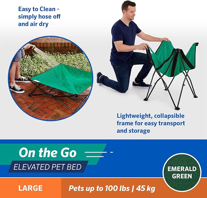 Coolaroo On-The-Go Elevated Dog Bed - Foldable Pop-Up Travel Dog Bed with Breathable, Moisture-Resistant Fabric, Carry Bag Included, Lightweight &amp; Portable, Emerald Green, Large