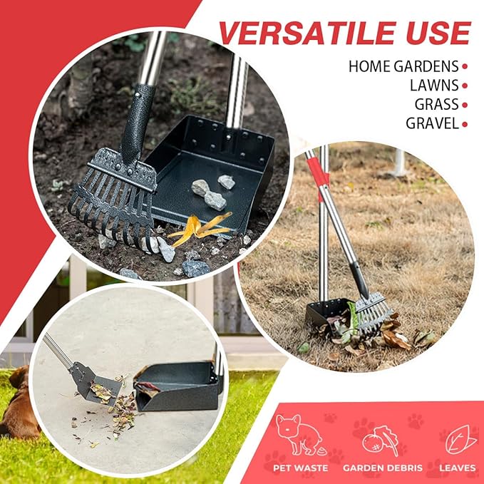 Pooper Scooper, Long Handle Dog Pooper Scooper, Heavy Duty Stainless Steel Rake with Tray &amp; Spade Set for Pet Waste Removal, for Grass, Dirt or Gravel