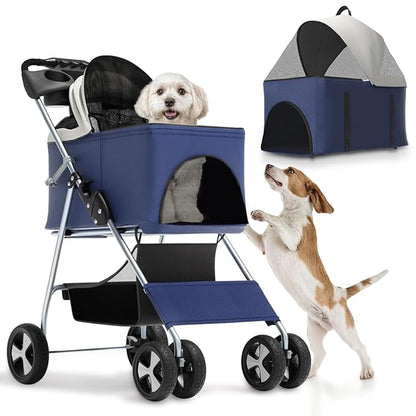 Magshion Foldable Pet Stroller, 3-in-1 Dog Travel Jogger with Detachable Carrier, Cup Holder, Storage Basket, Folding Carrier for Small/Medium Dogs &amp; Cats Up to 33 lbs, Navy Blue