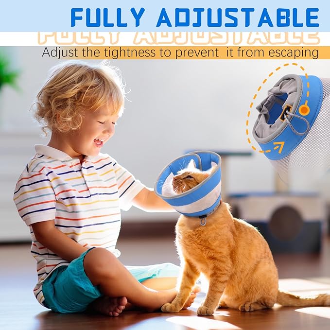 Breathable Air Mesh Cat Cone Collar Soft to Stop Licking, Adjustable, Foldable Lightweight Kitten Cones After Surgery Recovery for Cats &amp; Kittens (Blue, S)