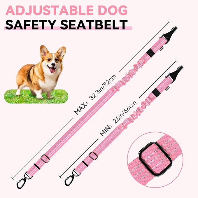 Pawaboo Dog Seatbelt for Car, 3-in-1 Dog Seat Belt Bungee, Shockproof Dogs Tether for Car with Buckle &amp; Hook Latch, Adjustable Reflective Dogs Cars Harness Leash with 360° Lockable Buckle, Pink