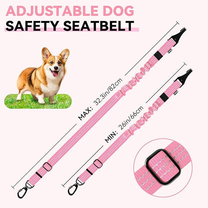 Pawaboo Dog Seatbelt for Car, 3-in-1 Dog Seat Belt Bungee, Shockproof Dogs Tether for Car with Buckle &amp; Hook Latch, Adjustable Reflective Dogs Cars Harness Leash with 360° Lockable Buckle, Pink