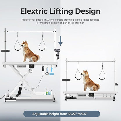 Heavy Duty Electric Lifting Pet Dog Grooming Table for Large Dogs with Overhead Arm, Anti-Skid Rubber Desktop and Powerful Motor, 50&