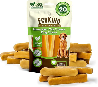 Ecokind Himalayan Chews, Healthy Treats, Odorless, Rawhide Free, Long Lasting Dog Bones for Aggressive Chewers, Indoors &amp; Outdoor Use, Made in The Himalayas, Large (Pack of 20)