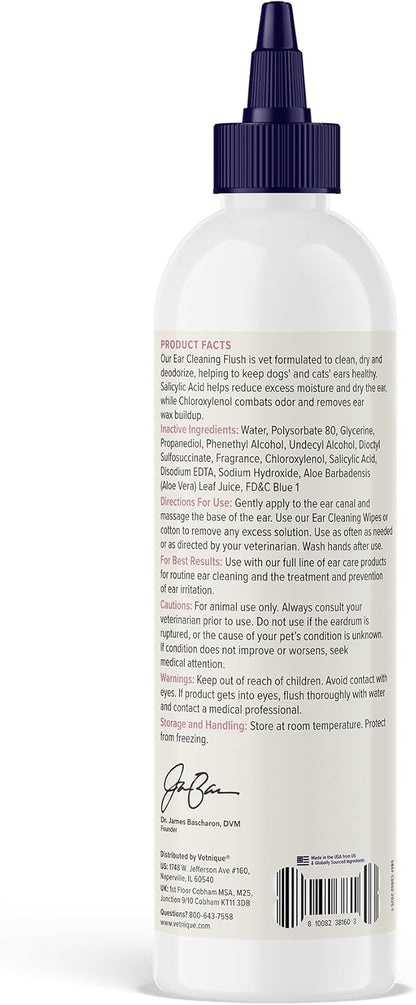 Vetnique Oticbliss Cat &amp; Dog Ear Cleaners: Medicated Dog Ear Drops for Infection, Antiseptic Flush, &amp; Wipes to Reduce Itchy Ears &amp; Head Shaking - Vet Recommended for Itchy Ears (8oz, Flush)