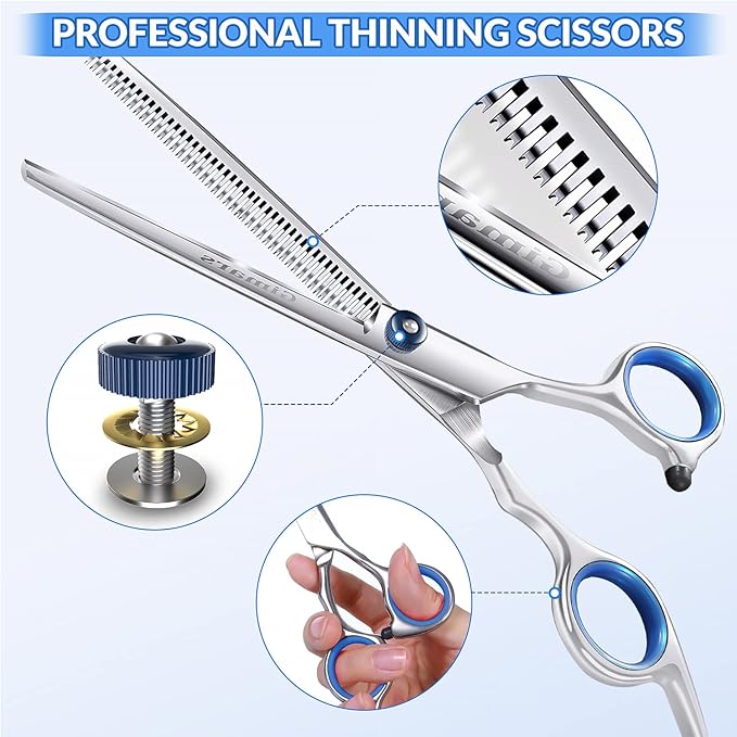 Gimars Professional 5 in 1 Grooming Scissors for Dogs 4CR with Safety Round Tip, Heavy Duty Titanium Coated Straight &amp; Thinning &amp; Curved Shears