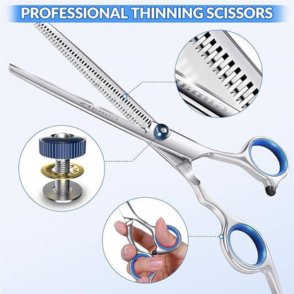 Gimars Professional 5 in 1 Grooming Scissors for Dogs 4CR with Safety Round Tip, Heavy Duty Titanium Coated Straight &amp; Thinning &amp; Curved Shears