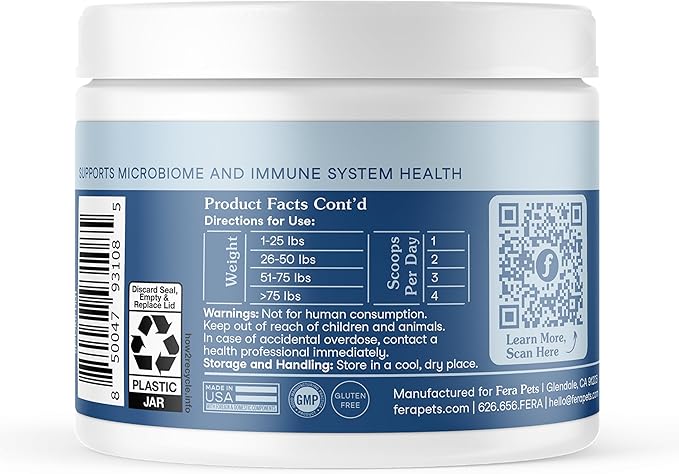 Fera Pets Postbiotics Plus Prebiotics for Dogs &amp; Cats - with Slippery Elm - Promotes Optimal Digestive Health &amp; Inflammatory Response - Enhances Immunity - 120 Scoops