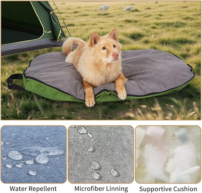 Portable Waterproof Dog Mat for Camping, Patio &amp; Travel - Foldable Outdoor Dog Bed with Teflon Shell &amp; Removable Plush Pad - Easy Clean, Durable - L (Khaki)