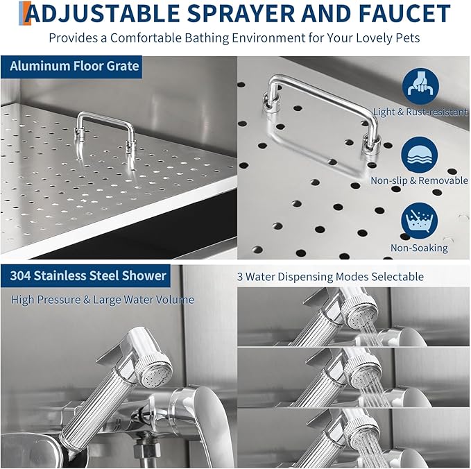 Stainless Steel Dog Washing Station - Dog Bath Tub for Large, Medium, Small Dogs, Pet Grooming Tub with Ramp, Non-Slip Grate, Shower, Soap Box, Faucet, Drain for Home &amp; Outdoor （Right RAMP, 50"）