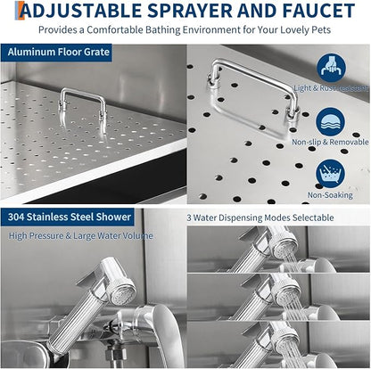 Stainless Steel Dog Washing Station - Dog Bath Tub for Large, Medium, Small Dogs, Pet Grooming Tub with Ramp, Non-Slip Grate, Shower, Soap Box, Faucet, Drain for Home &amp; Outdoor （Right RAMP, 50"）