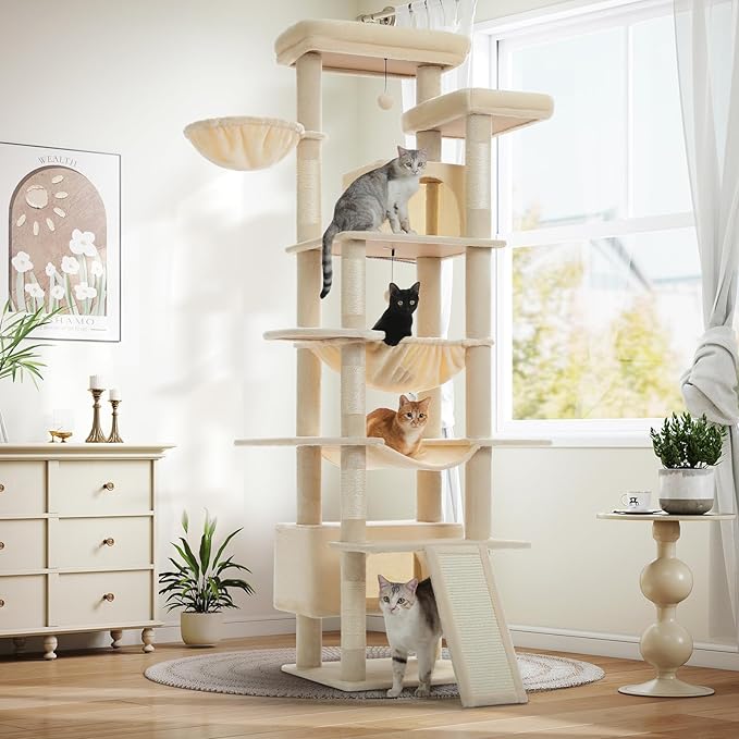 Large Cat Tree for Big Cats &amp; Multi-Cat Homes, 81 Inch Tall Cat Tower with Sturdy Metal Hammock, 6 Sisal Scratching Posts, 2 Cozy Condos, 2 Top Perches - Multi-Level Cat Tower, Beige