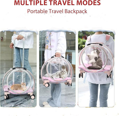 Transparent &amp; Fully Breathable Hard cat Carrier with Rolling Wheels for Dogs, Cats, Multiple Carrying Options, Perfect for Traveling/Taking a Walk