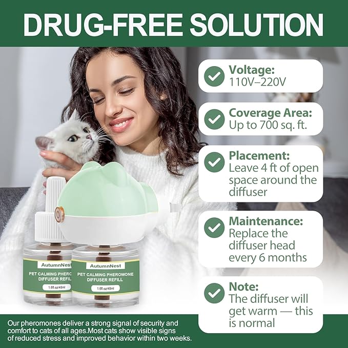 Cat Calming Diffuser Kit with 2 Plug-in &amp; 4 Refills, Pheromone Diffuser for Cats Reducing Fighting, Scratching, Urine, Aggression, Anxiety, Fireworks, Vet Visits, Travel, 120 Day Supply, Safe Formula