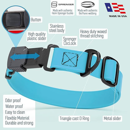 Dogline Biothane Waterproof Dog Collar with Herm Sprenger Stainless Steel Quick Release Buckle – Heavy Duty Tactical Durable Collar for Dogs – Comfortable and Safe Pet Collar, W 3/4" L 12-19" Sky Blue