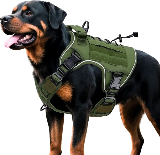 Heavy-Duty Tactical Dog Harness for Large Dogs, No Pull Adjustable Reflective Pet Vest with Molle System, K9 Military-Grade Control for Service Training, Outdoor &amp; 10+ Breeds, Green, X-Large