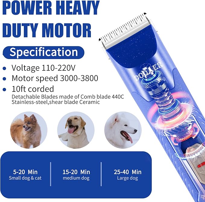 Professional Dog Grooming Electric Corded Clipper Super 2-Speed,Low Noise,Cool &amp; Quiet Running Design for Thick Heavy Coats,Dogs,Cats and Other Animal (Blue)