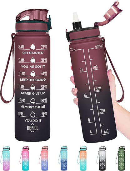 Enerbone Water Bottle, Leakproof BPA &amp; Toxic Free, Motivational Water Bottle with Times to Drink and Straw, Fitness Sports Water Bottle with Strap for Office, Gym, Outdoor Sports