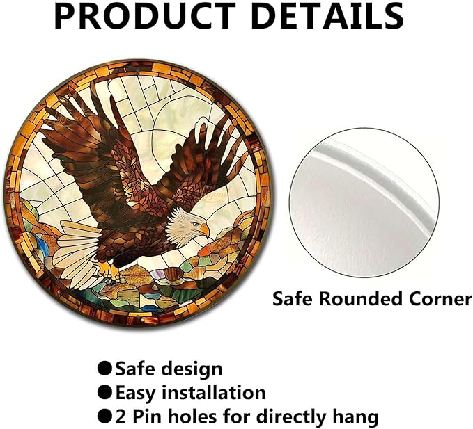 Lygond Metal Sign Tin Sign Circular Stained Glass Eagle Minimalist Wall Art For Gift 12×12 Inches