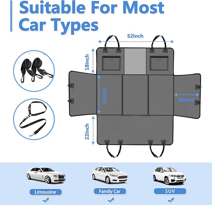 Hard Bottom Dog Car Seat Cover for Back Seat – Waterproof Nonslip Hammock Extender for Trucks &amp; SUVs, Heavy Duty Pet Protector, Gray Faux Leather