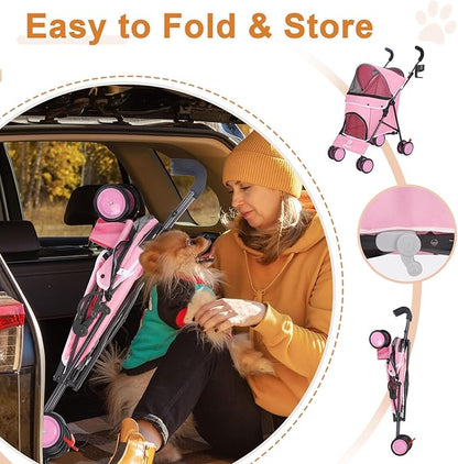 Umbrella Dog Stroller, 4 Wheels Pet Strolling, Foldable Carrier Pet Stroller for Small Dogs Cats, with Carrying Strap and Cup Holder, Dog Poop Bags &amp; Dispenser, Up to 33 lbs, Pink