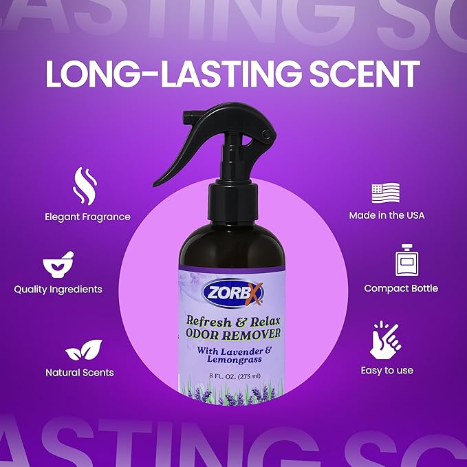 ZORBX Refresh &amp; Relax Odor Remover Spray with Lavender &amp; Lemongrass 8 Oz (Pack of 2) – Permanent Solution Room Freshener &amp; Air Freshener Spray for Home, Bathroom, Furniture, Carpet, Car, Gym &amp; Laundry