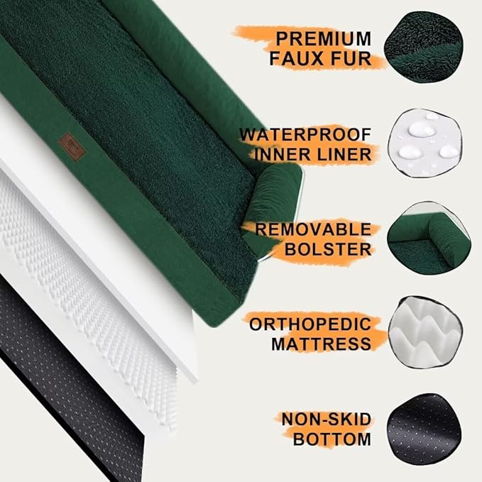 Large Dog Bed Orthopedic Washable Extra XXXLarge Big Dog Bed with Washable Bolster &amp; Memory Foam Couch Sofa - Waterproof with Removable Cover - Emerald