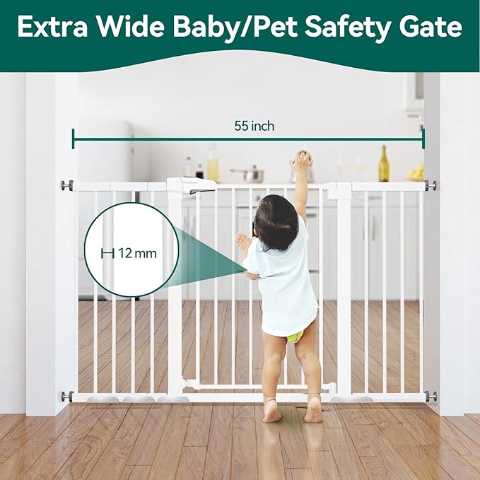 BABELIO 36" Tall Baby Gate, 29-55" Auto Close Pressure Mounted Dog Gate for Doorways &amp; Hallway, Pressguard Basics Easy Walk Thru Pet Gate, Extra Wide Metal Child Gate, White