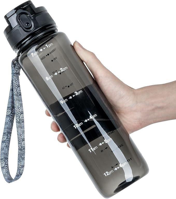 OLDLEY 32 oz Water Bottle, Motivational Water Bottle with Time Marker, Sports Water Bottle With Strap, Leakproof &amp; BPA Free Large Water Bottles for School, Gym, Travel,Tritan, Transparent Black
