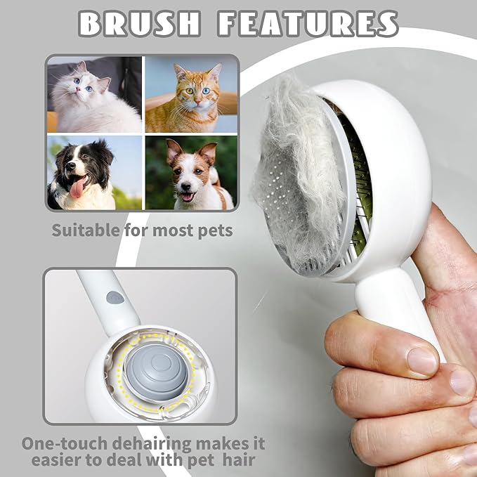 3-in-1 Steam Brush for Cats &amp; Dogs – Hair Removal Comb with One-Click Release &amp; Water Spray – Grooming Brush for Shedding, Long/Short Hair (white brushs-grey)