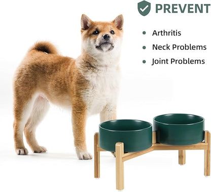 Ceramic Raised Double Bowls Set with Stand, Food &amp; Water Bowls for Medium Breed Dogs, Weighted Dog Dishes, Pet Bowl(7.3&