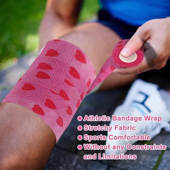 24 Pack Self Adhesive Vet Wrap &amp; Medical Tape, 2 Inch x 5 Yards Cohesive Bandage Wrap - Pink Heart Grip Tape for Ankle, Wrist Sprains, Sports, Pet First Aid