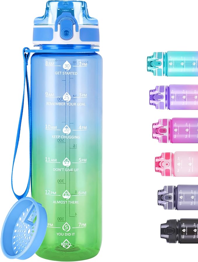 32oz Motivational Water Bottles with Time Marker &amp; Fruit Strainer, Transparent Gradient Color Water Bottle with Times to Drink, Leakproof &amp; BPA Free, Reusable Bottle with Strap (No Straw)