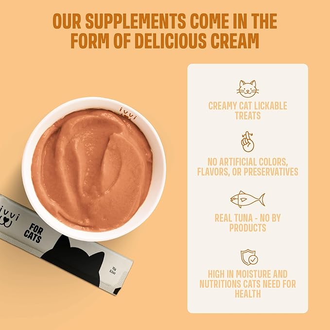 ivvi Skin &amp; Coat for Cats – Functional Creamy Snack with Salmon Oil, Algae Oil, Zinc, Collagen &amp; Biotin – Supports Skin and Fur Health – 30 x 0.53 oz Sachets – with Real Tuna