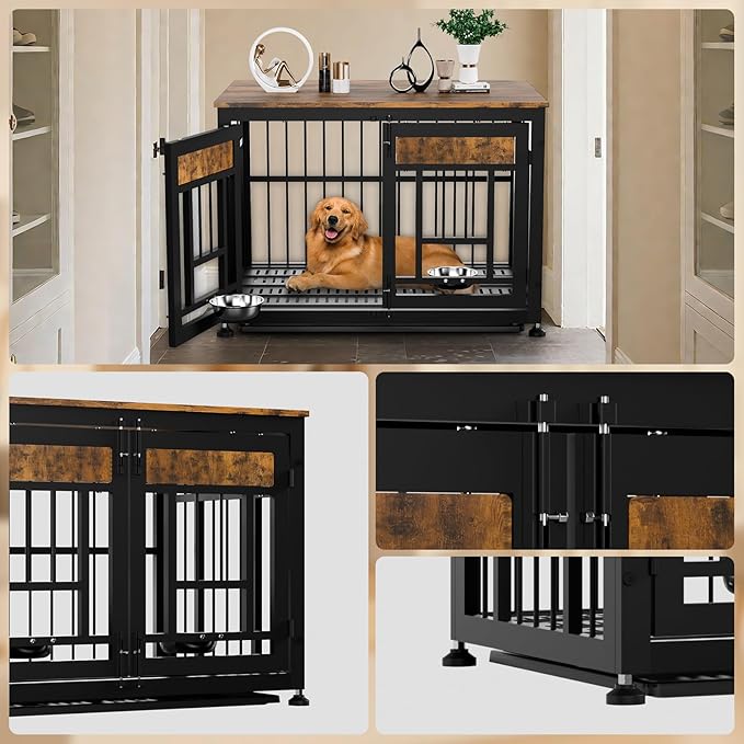 Dog Crate Furniture End Table 38 Inch Hidden Kennel Cabinet with Removable Tray, Thickened Metal Frame Dog Cage, Dual-Purpose Pet House &amp; Nightstand for Living Room