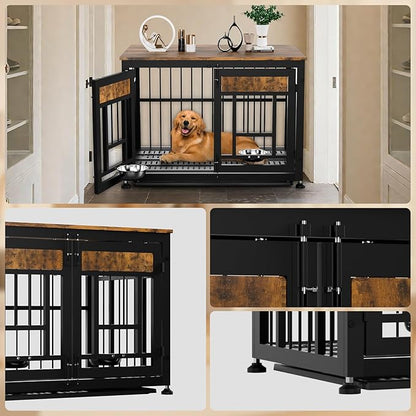Dog Crate Furniture End Table 38 Inch Hidden Kennel Cabinet with Removable Tray, Thickened Metal Frame Dog Cage, Dual-Purpose Pet House &amp; Nightstand for Living Room