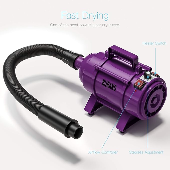 Burano Dog Dryer, High Velocity Pet Hair Dryer, 4.3HP Stepless Adjustable Speed Dog Hair Force Dryer for Dogs, Cats &amp; More, Powerful Pet Blower with Heater