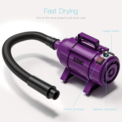 Burano Dog Dryer, High Velocity Pet Hair Dryer, 4.3HP Stepless Adjustable Speed Dog Hair Force Dryer for Dogs, Cats &amp; More, Powerful Pet Blower with Heater