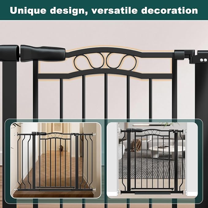 29.53"-33.85" Mornyray Auto-Close Baby Gate Extra Wide, Pressure Mounted Dog &amp; Pet Gate for Stairs Doorways, No Drill Safety Barrier with Lace Design, Metal Child Proof Gate Indoor Outdoor, Black