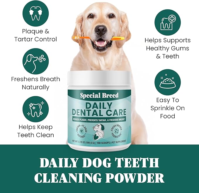 Dog Teeth Cleaning Powder – Natural Dog Dental Powder for Tartar Control, Fresh Breath &amp; Gum Health – Daily Plaque Remover with Zeolite, Brown Algae, Probiotics &amp; Rosemary – 180 Scoops