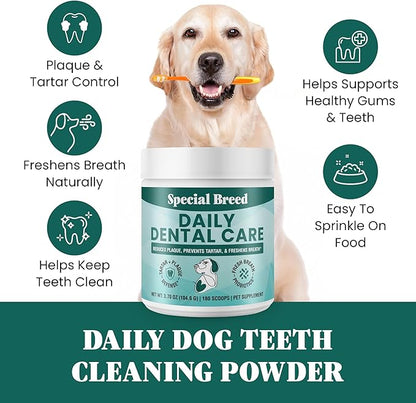 Dog Teeth Cleaning Powder – Natural Dog Dental Powder for Tartar Control, Fresh Breath &amp; Gum Health – Daily Plaque Remover with Zeolite, Brown Algae, Probiotics &amp; Rosemary – 180 Scoops