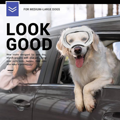 NAMSAN Clear Dog Goggles for Large Dogs, Wide Eyecup &amp; Soft Frame, Anti-UV Sunglasses for Dogs Medium to Large Breed, Driving Dog Eye Protection, Windproof Dustproof, Adjustable, White Frame