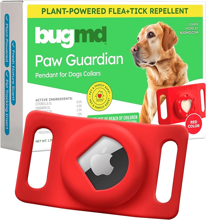 BugMD Paw Guardian Flea and Tick Prevention Pendant for Dogs with AirTag Holder | Plant-Powered Flea &amp; Tick Control for Dog Collars Harnesses | Dog Tag with Air Tag Holder - Red